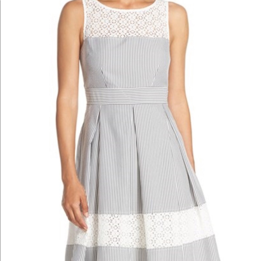 Seersucker, lace accent dress